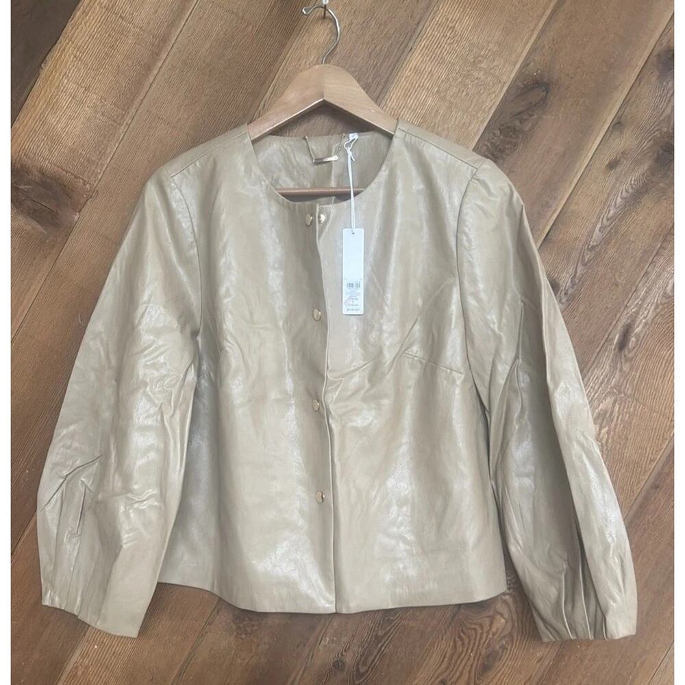 Chico's Tan Faux Leather Balloon Sleeve Snap Jacket Women Size 1
